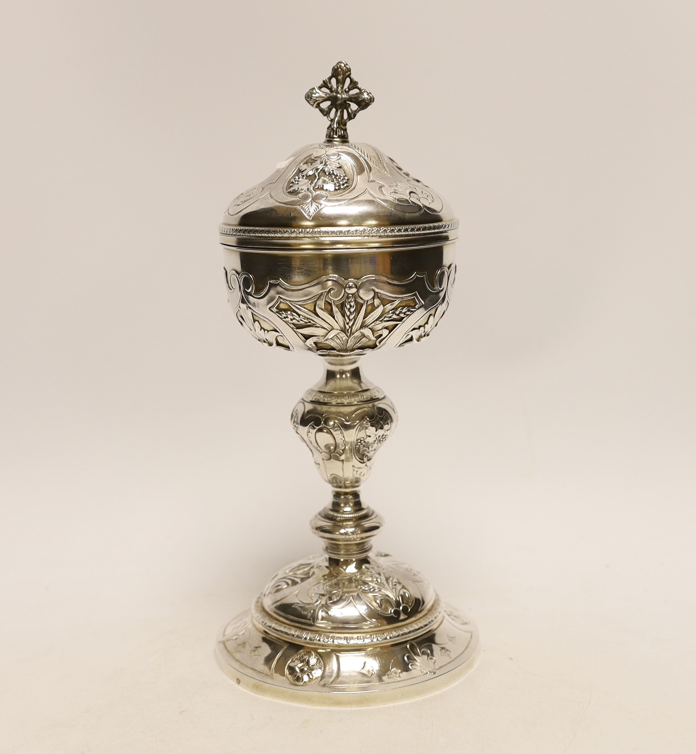 A late 19th/early 20th century French 950 standard white metal ciborium and cover, maker ?T, height 27cm, 13.1oz.